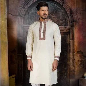 Classy Off White Premium Embroidered Cotton Panjabi