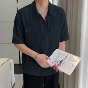 Drop shoulder double pocket polo shirt - Abyssal Anchorfish Nevy Blue